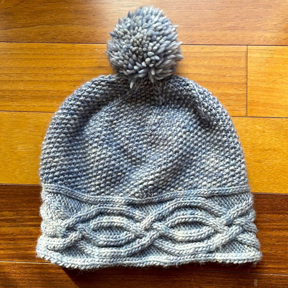 Handknit Merino Wool Cableknit Hat with Pom Pom, Malabrigo Worsted